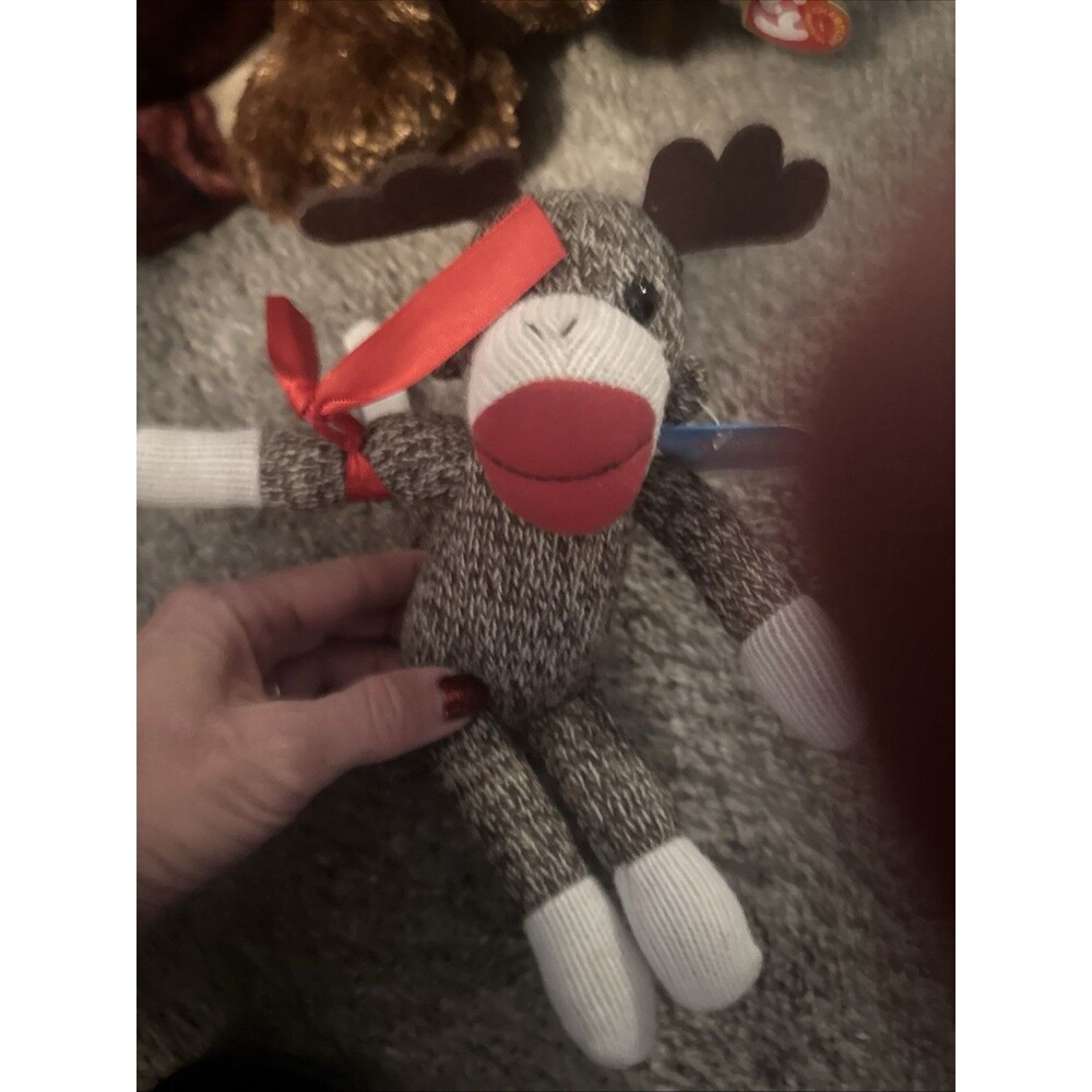 GALERIE Sock Monkey With Deer Moose Ears Plush Christmas Tag 9” No Candy Cane